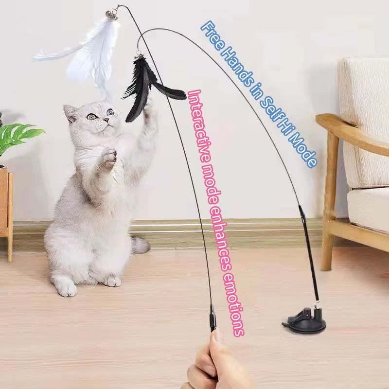 Interactive Cat Toy Handfree Cat Stick Kitten Playing Teaser Wand Toy Suction Cup Feather Wand Pet Supplies Simulation Feather
